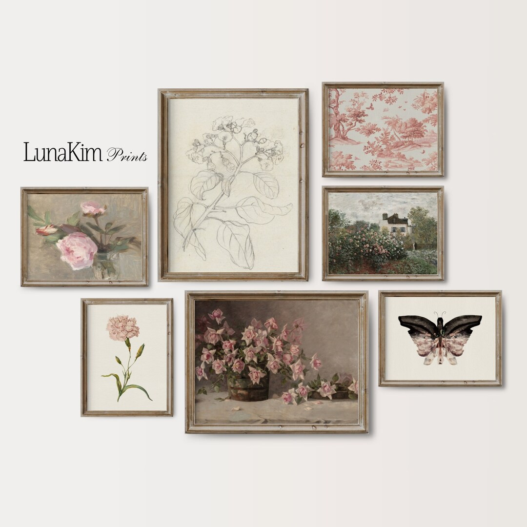 European Country Art Print Set of 7 for Little Girls Room Pink Vintage Floral Nursery Wall Decor ... | Etsy (US)
