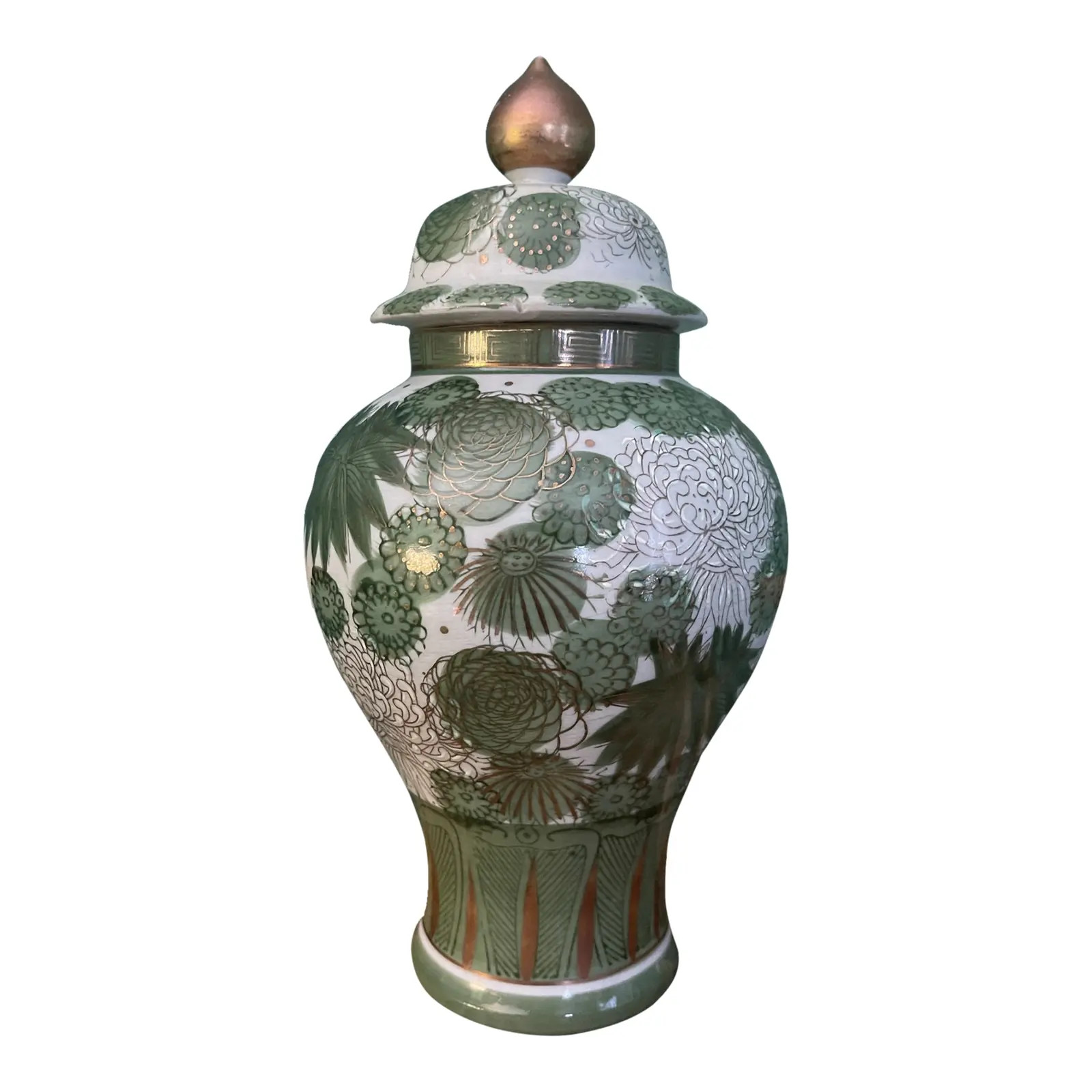 Small Green Japanese Fujita Kutani Floral Ginger Jar | Chairish
