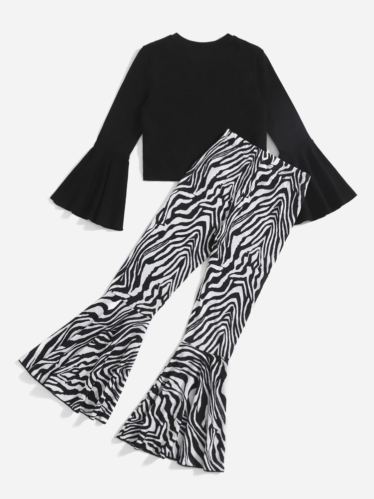 SHEIN Girls Flounce Sleeve Tee & Zebra Striped Flare Leg Pants | SHEIN