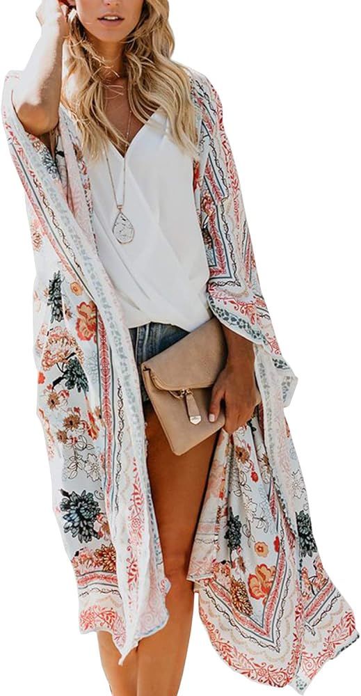 Women's Long Kimono Flowy Cardigan Boho Style Chiffon Floral Beach Cover Ups | Amazon (US)