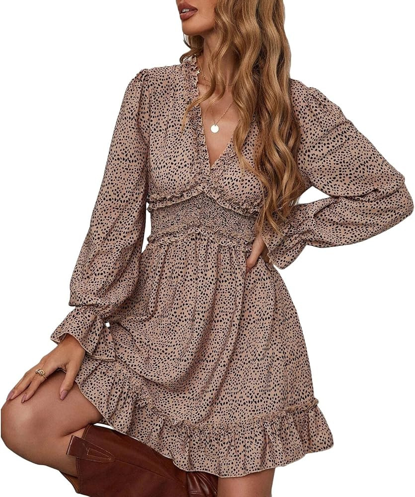 Womens Spring Summer Deep V Neck Mini Dresses Ruffle Layer Lantern Sleeve Elastic Waist Short Dress | Amazon (US)