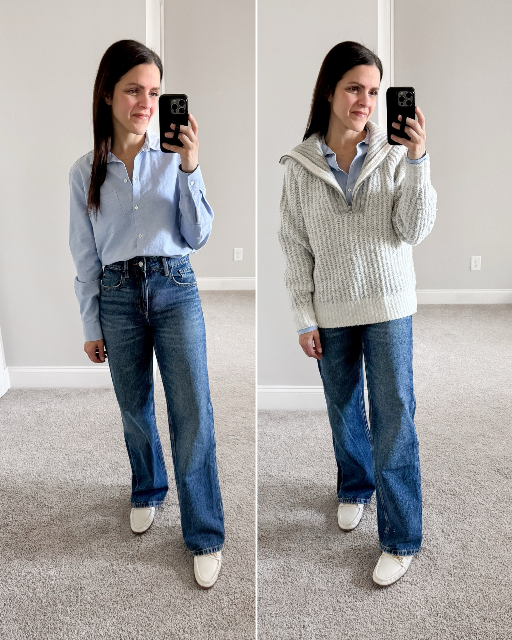 Today’s look - casual dressy fit 

Button down top - tts
Wide leg jean - tts
White loafer - tts 
Half zip sweater - linked current version 

#winteroutfit #casualdressy #ootd 

#LTKStyleTip