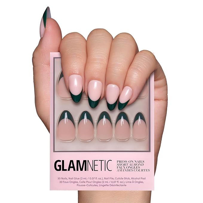 Glamnetic Press On Nails - Château | Semi-Transparent Dark Green French Tip Short Almond Fake Na... | Amazon (US)