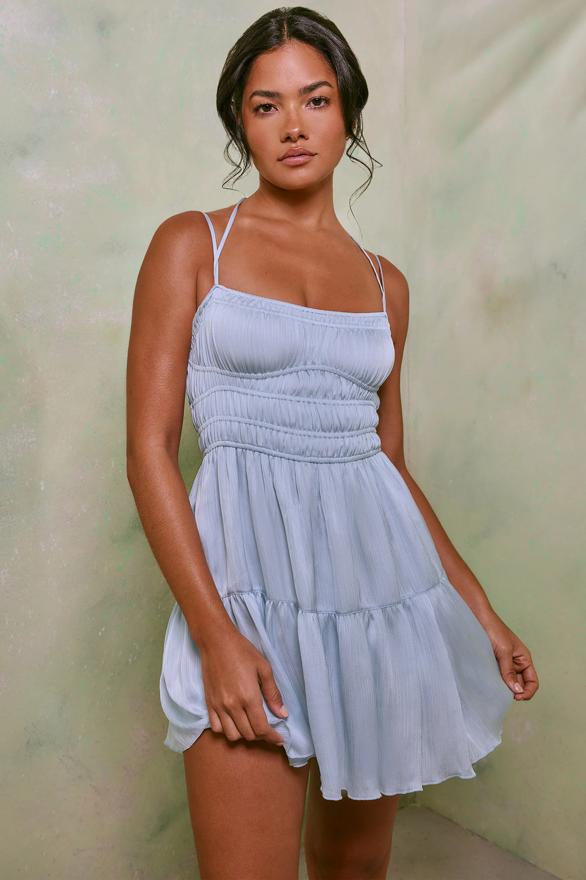 Shirred Bodice A-Line Mini Dress in Sky Grey | Oh Polly