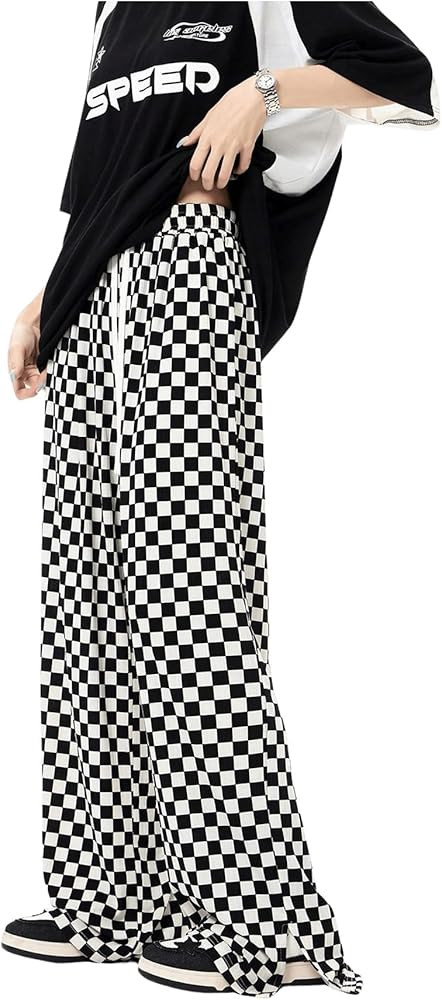 Floerns Women's Checker Print Drawstring High Waist Streetwear Straight Leg Pants | Amazon (US)