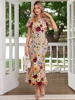 Women's 3D Floral Embroidery Dress Ruffle Sleeve Fishtail Lace Bodycon Party Cocktail Mini Dress | Amazon (US)