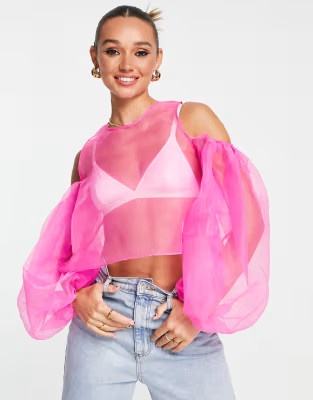 ASOS DESIGN Going Out organza top with volume sleeve in magenta pink | ASOS | ASOS (Global)