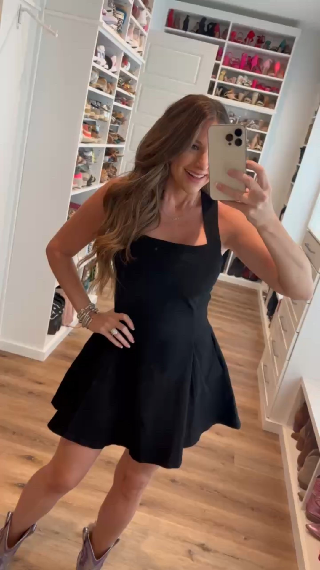 In a medium square neck black denim dress, metallic ankle cowboy boots and accessories- fits tts.

#LTKStyleTip #LTKSeasonal #LTKFindsUnder50