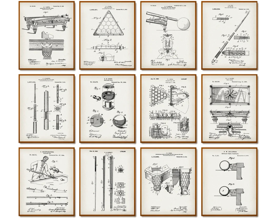 12 Billiard Patent Prints Snooker Cue Patent Pool Table Patent Game Blueprint Pool Room Decor Bar... | Etsy (US)