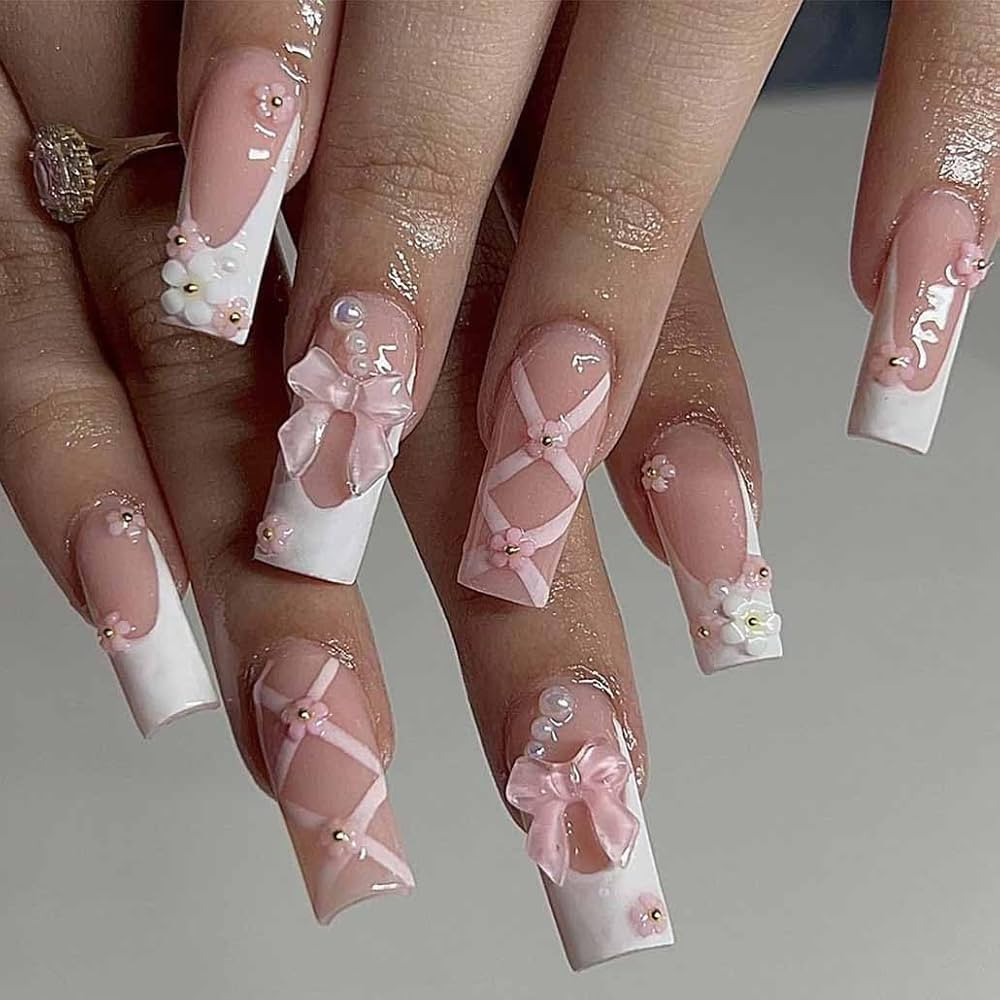 Press on Nails Medium Long Rhinestone Pink Fake Nails Square Bling Glossy 3D Flower False Nail Ti... | Amazon (US)