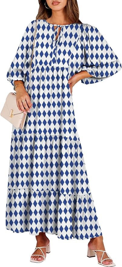 ANRABESS Women Boho Maxi 2024 Summer V Neck Puff Sleeve Floral Flowy Swing Casual Loose Long Dres... | Amazon (US)