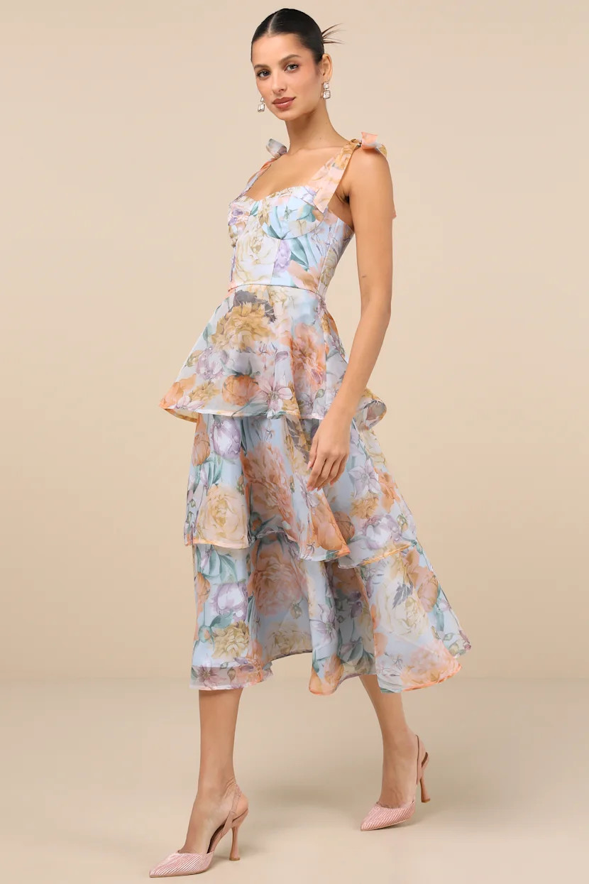 Playfully Posh Blue Floral Organza Tie-Strap Tiered Midi Dress | Lulus