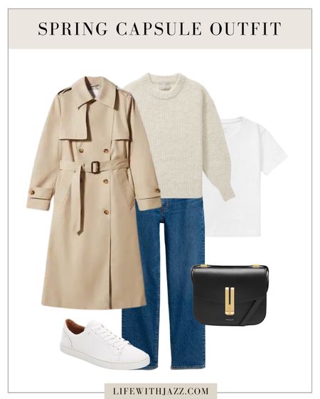 Spring capsule wardrobe outfit inspo 

- spring outfit, trench coat, knit sweater, white tee, blue jeans, white sneakers, purse, mango, Abercrombie, everlane, Sam Edelman, demellier 

#LTKSeasonal #LTKstyletip