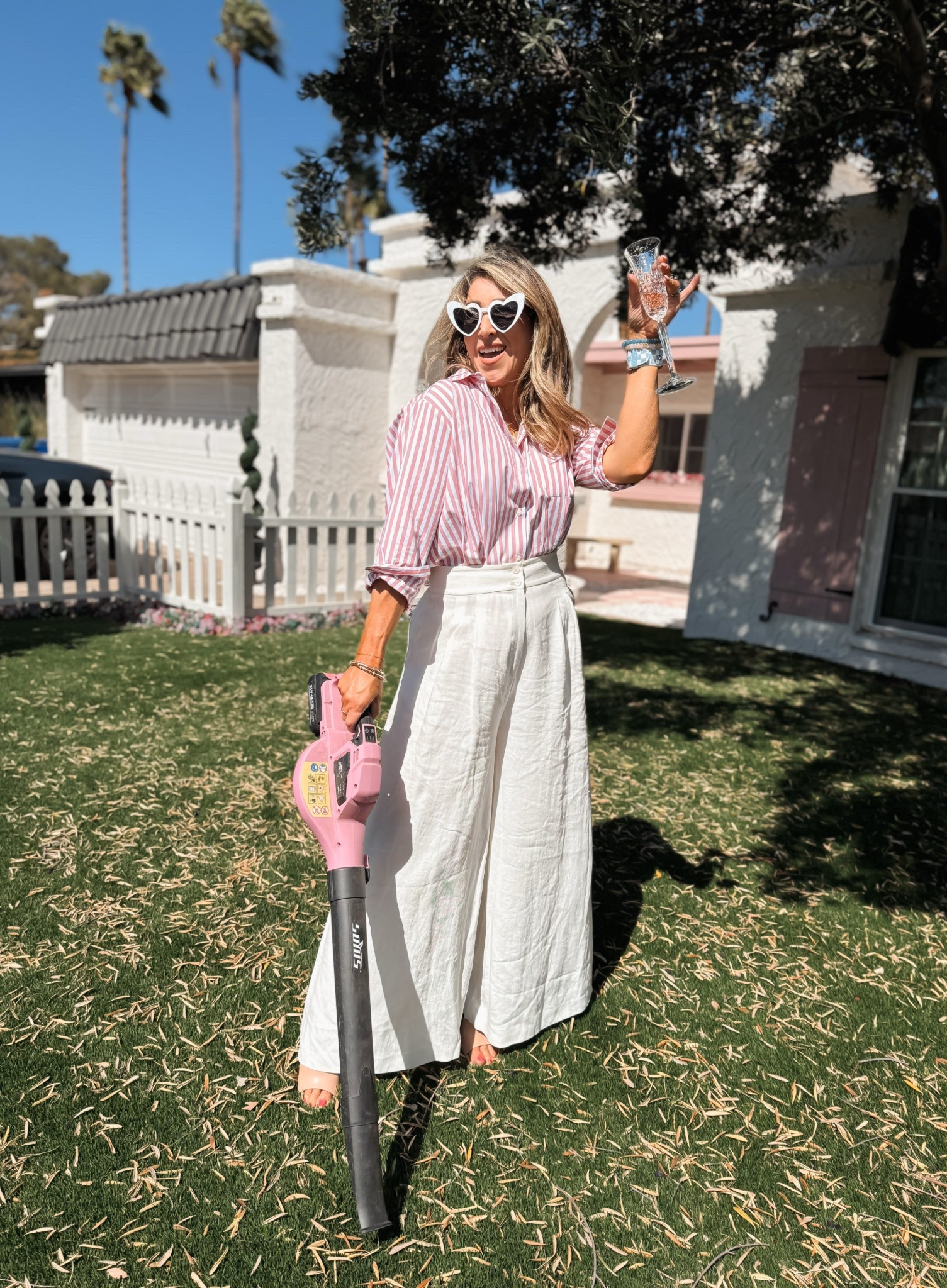 Lawn care at your service! 🥂🌿😆

Spring outfits, spring break outfit, white white wide leg pants, pink stripe blouse, button down shirt, vacation outfit

#LTKStyleTip #LTKOver40 #LTKFindsUnder100