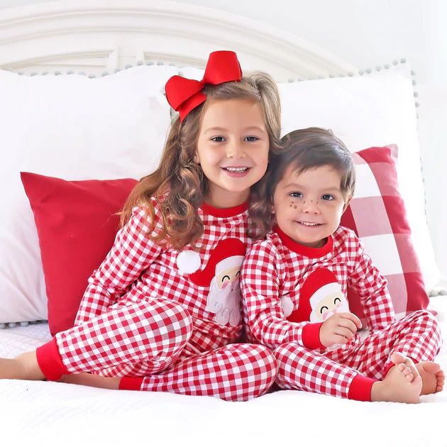 Happy Santa Red Gingham Knit Pajamas | Classic Whimsy