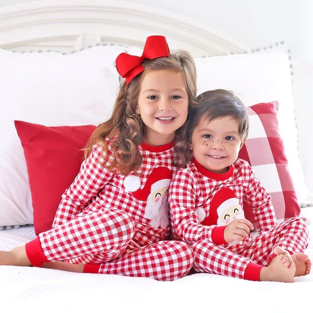 Red Gingham Knit Santa Face Loungewear | Classic Whimsy