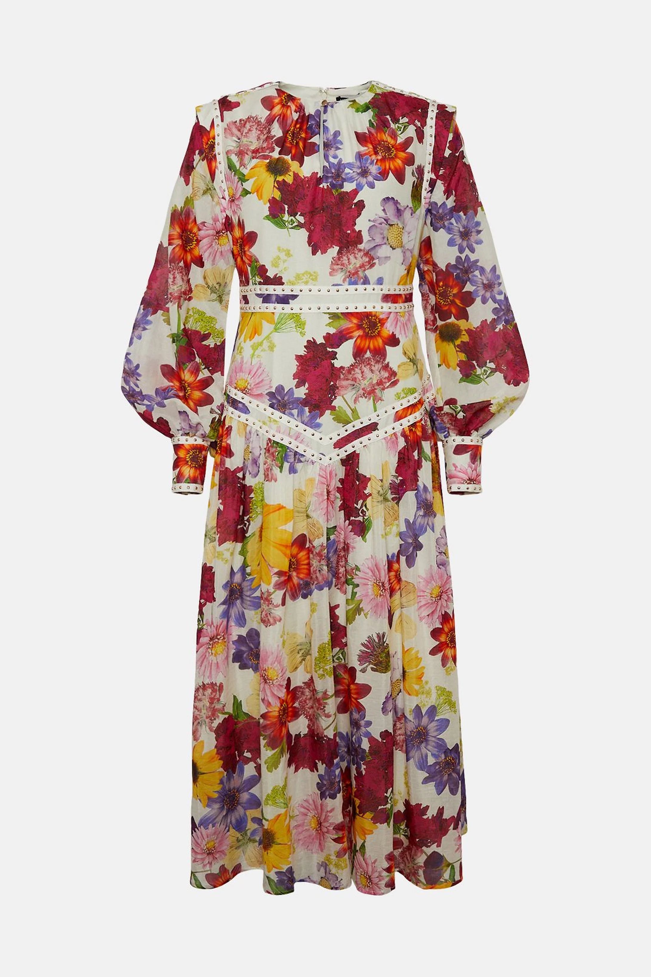 Silk Cotton Vibrant Floral Woven Midi Dress | Karen Millen US