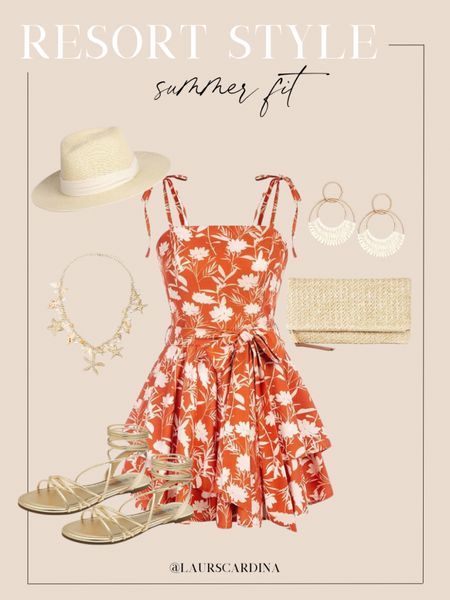This resort style fit includes an orange floral patterned flowy mini dress with a straw hat, straw clutch, raffia hoop earrings, a gold starfish necklace, and gold strappy sandals. 

Ootd, spring outfit, resort outfit, date night, summer outfit, Amazon fashion 

#LTKmidsize #LTKshoecrush #LTKfindsunder50