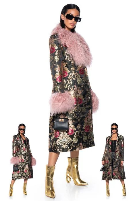 AZALEA WANG CHERRY LANE BROCADE TRENCH WITH DETACHABLE MOHAIR FUR IN MULTI | AKIRA