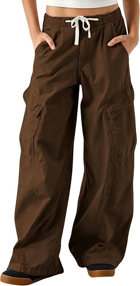 Women's Barrel Leg Cargo Pants Drawstring Elastic Waist Baggy Jeans with Pockets | Amazon (US)