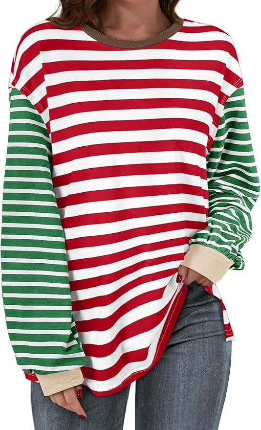 Tankaneo Womens Striped Long Sleeve Shirt Oversized Fall Tshirts Crewneck Split Knit Color Block ... | Amazon (US)