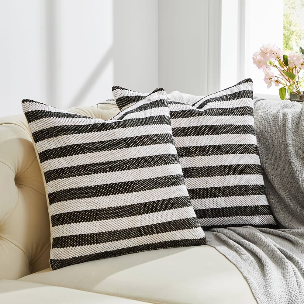 GIGIZAZA Pack of 2,Boho Decorative Pillow Covers 18x18 inch Black Throw Pillows Cotton Linen Stri... | Amazon (US)