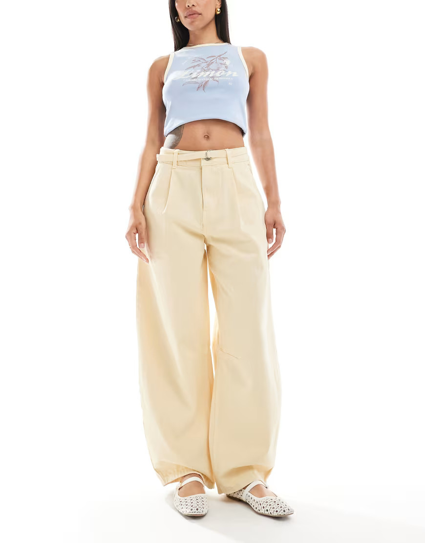 ASOS DESIGN lightweight barrel jean with belt in soft yellow-Neutral | ASOS (Global)