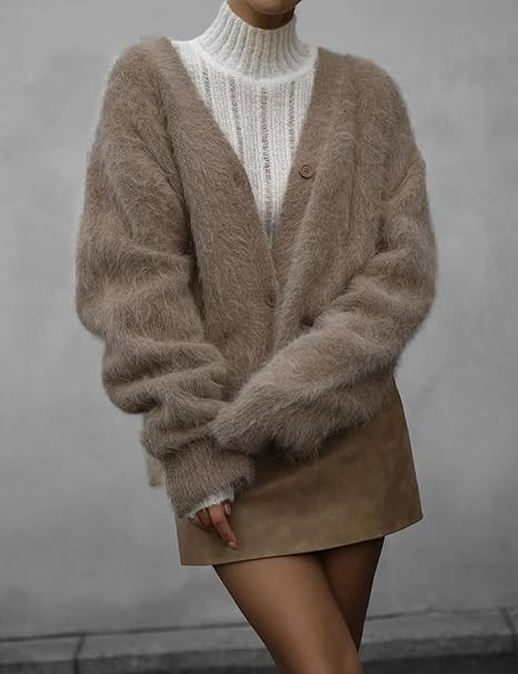 COZYPOIN Womens Fuzzy Cardigan Sweater V Neck Long Sleeve Button Down Soft Furry Top Slouchy Drop... | Amazon (US)