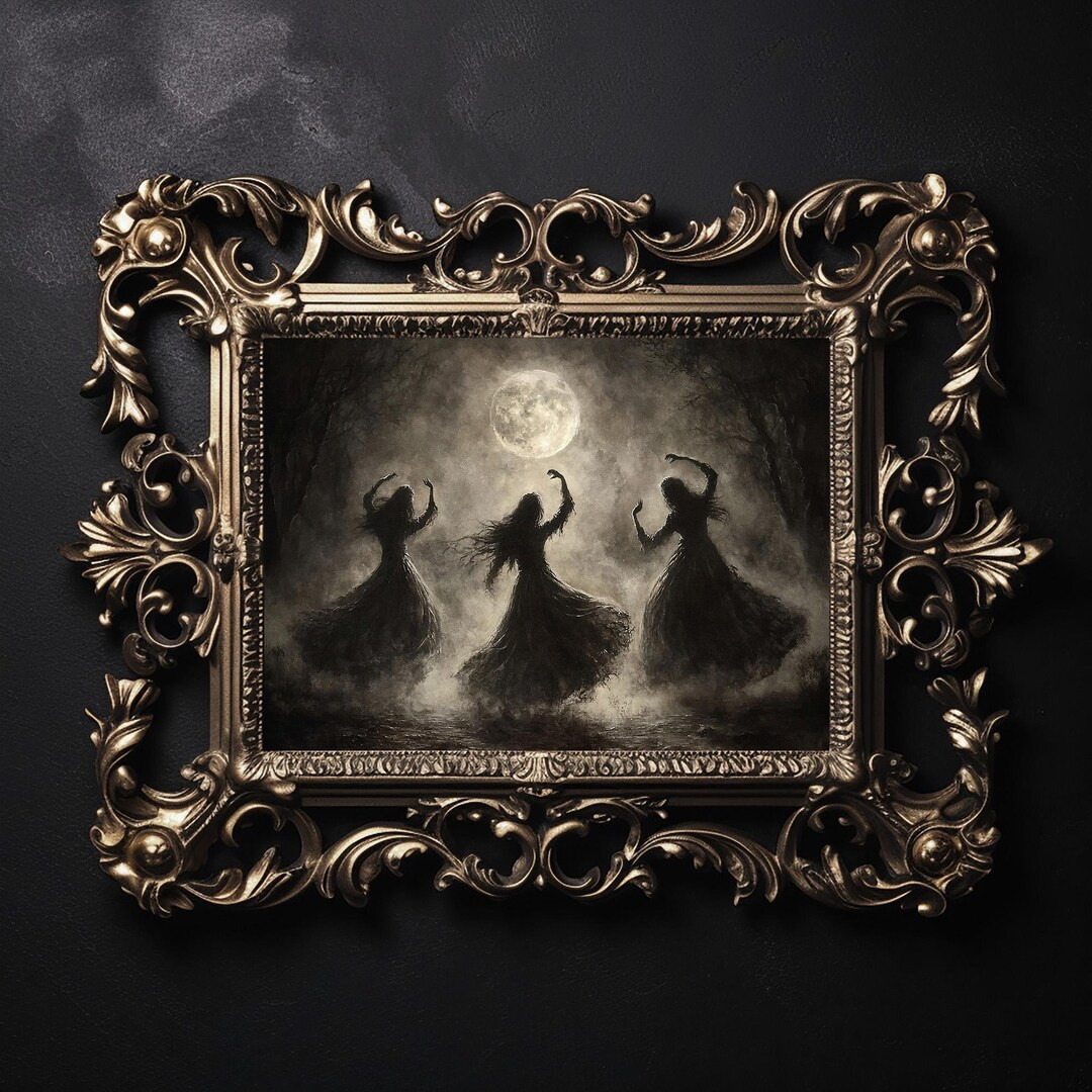 Three witches dancing in moonlight print, witch walking in fall forest, Halloween dark academia, ... | Etsy (US)