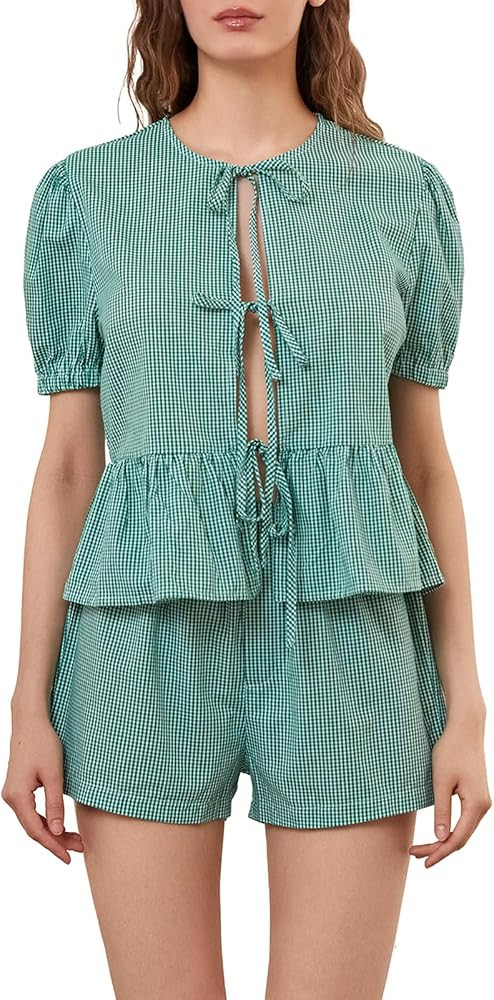 Women Y2K Tie Front 2 Piece Shorts Set Plaid Puff Sleeve Peplum Shirt Ruffle Hem Pajama Set Strip... | Amazon (US)