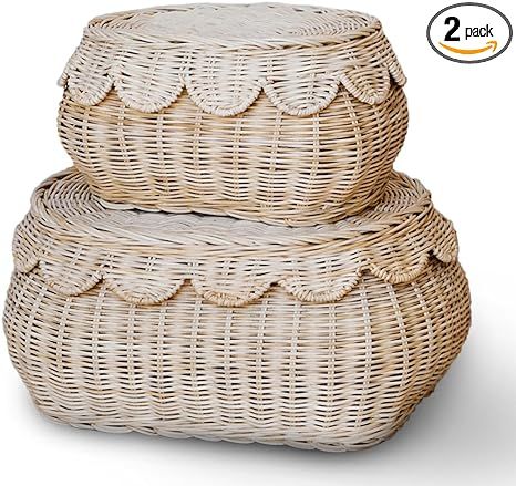 Hand Woven Rattan Basket Set - 15x10x6 Inch - Small Scalloped Baskets - Round Wicker Basket - Wic... | Amazon (US)