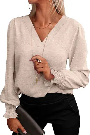ANRABESS Women's Business Casual Blouses Long Sleeve Tops | V Neck Puff Sleeve Smocked Cuff Shirt... | Amazon (US)