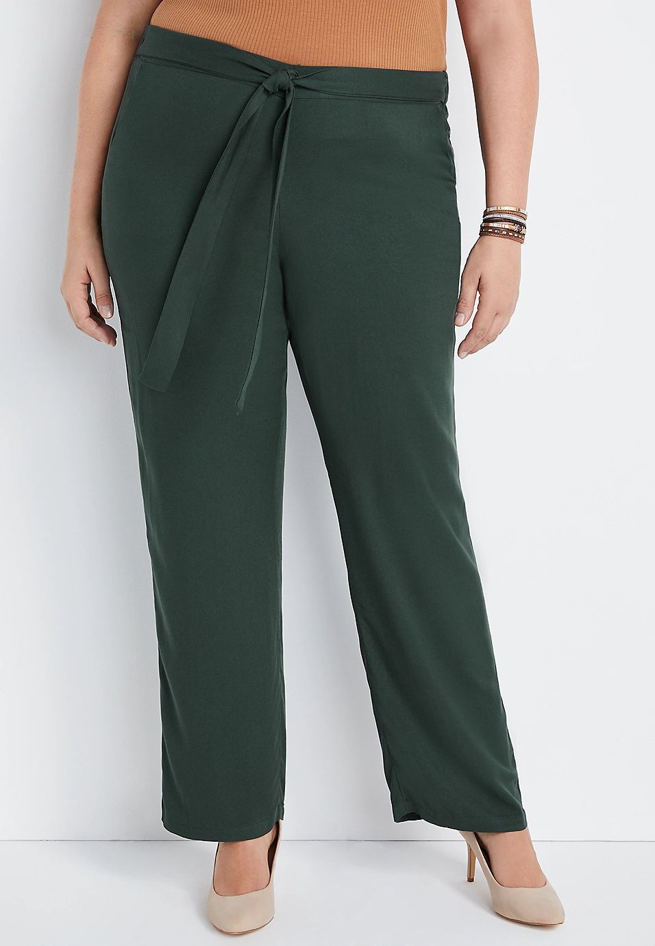 Plus Size High Rise Green Tie Waist Wide Leg Pant | Maurices