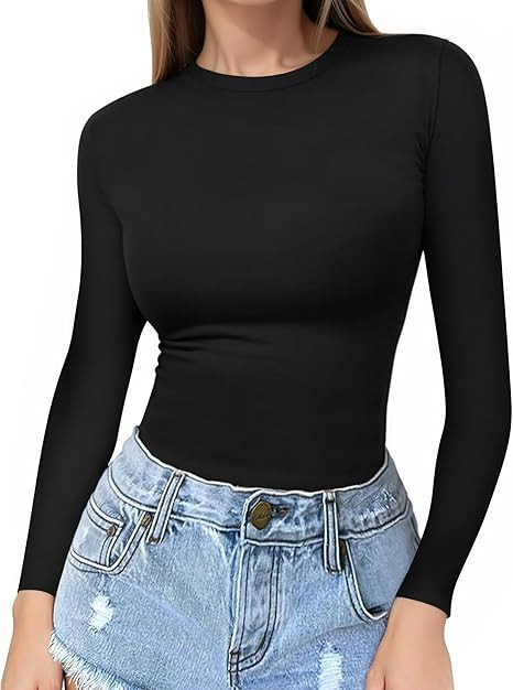 MANGOPOP Crew Neck Long Sleeve T Shirts for Women Fitted Shirts Tight Neck T Shirts Basic Tee Top... | Amazon (US)