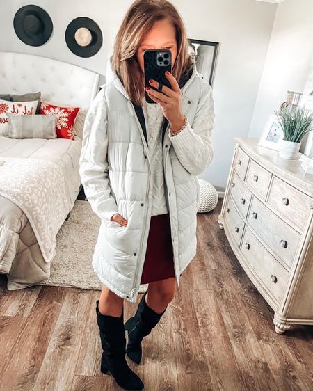 One of the most popular items on the blog is this hooded puffer vest from Walmart. I styled a Time and Tru sweater over a knit T-shirt dress with boots. Casual outfit, business casual, casual dinner outfit

Tall boots, skirts, loft outfits, Walmart fashion, Walmart finds, walmart coats, winter outfit, gift guide, gifts for her, sweater

#LTKsalealert #LTKunder50 #LTKstyletip