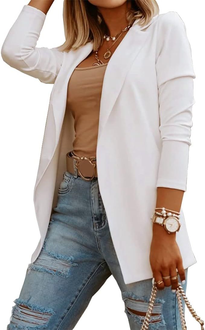Womens Casual Long Sleeve Blazers Solid Color Knit Blazer Work Office Open Front Blazer Jacket | Amazon (US)