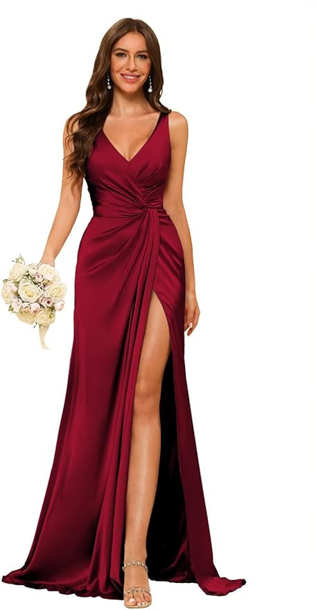 YMSHA Women's V Neck Bridesmaid Dresses with Slit Ruched Waist Satin Pleated Formal Party Dress Y... | Amazon (US)