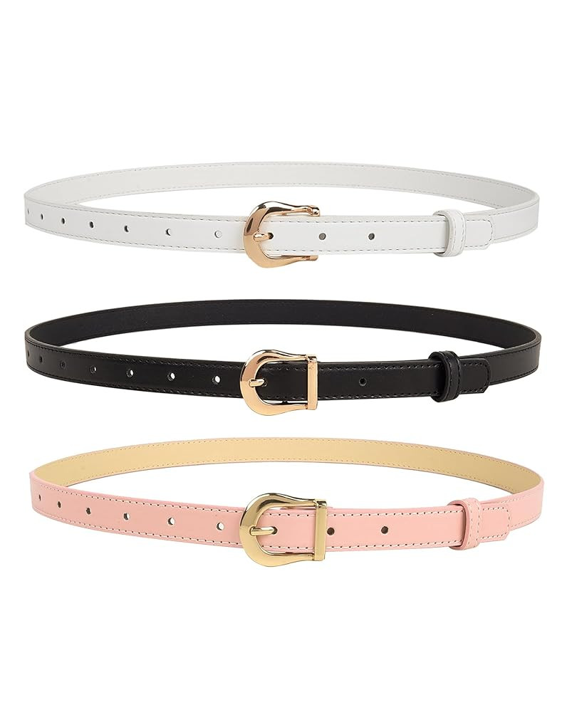 Set of 3 Womens Thin Belts for Dresses Jeans Pants, Faux Leather Skinny Waist Belt with Gold Buck... | Amazon (US)