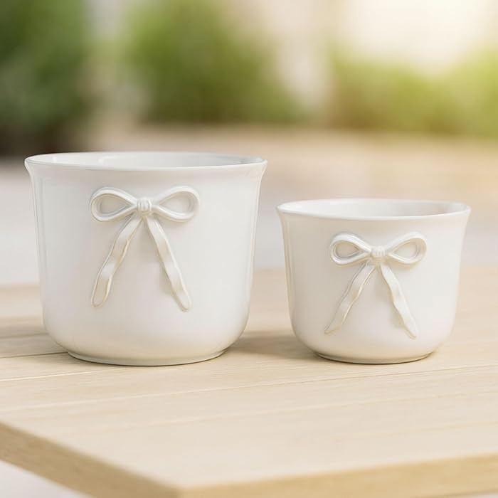 Set of 2 Ceramic Flower Pots with Raised Bow Design – Decorative Planters for Indoor & Outdoor ... | Amazon (US)