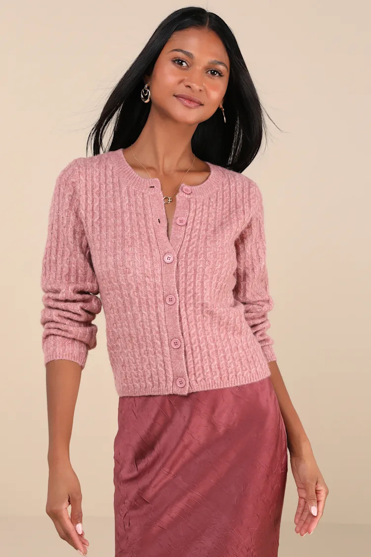 Classically Comfy Heathered Pink Cable Knit Cardigan | Lulus
