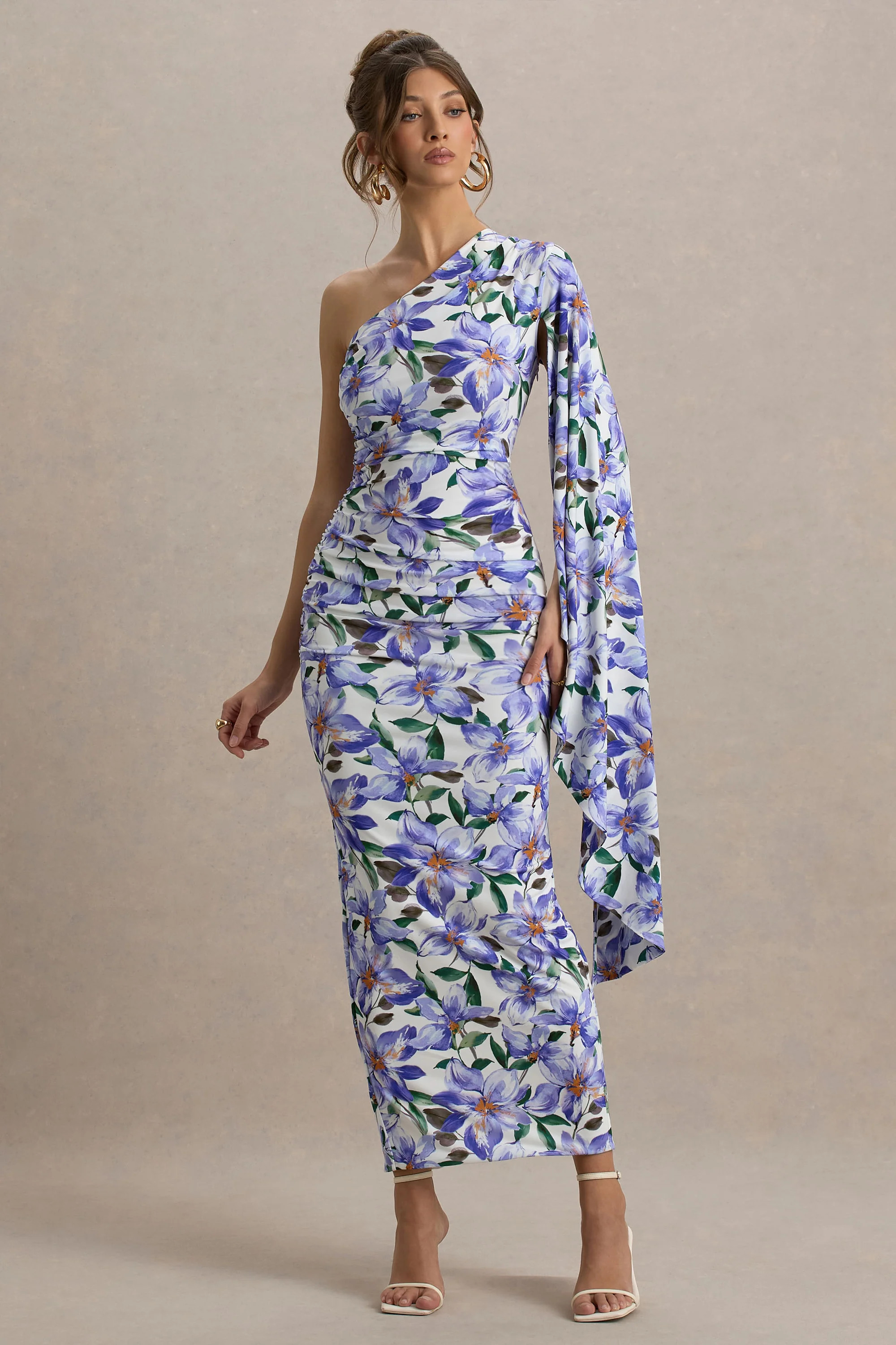 Clementina | Purple Lily Print Asymmetric Cape Sleeve Maxi Dress | Club L London