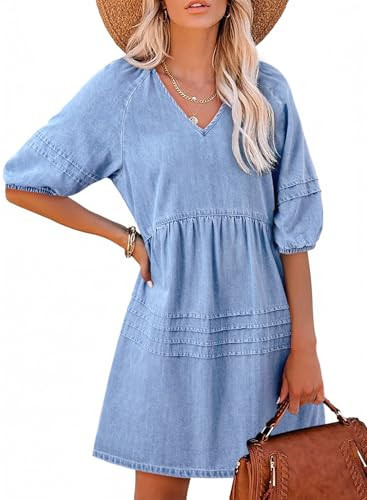 Dokotoo Summer Dresses for Women Cute Babydoll Mini Denim Dress Casual Loose Fit V Neck Puff Short Sleeve Solid Jean Dress Outfits Fashion Soft Cotton Elegant Back Tie Jean Dresses Light Blue XX-Large | Amazon (US)