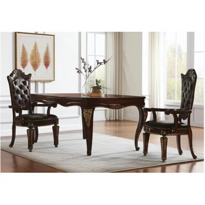 Set of Two Tufted Brown and Redwood Upholstered Faux Leather And Solid Wood Dining Arm Chairs | Wayfair North America