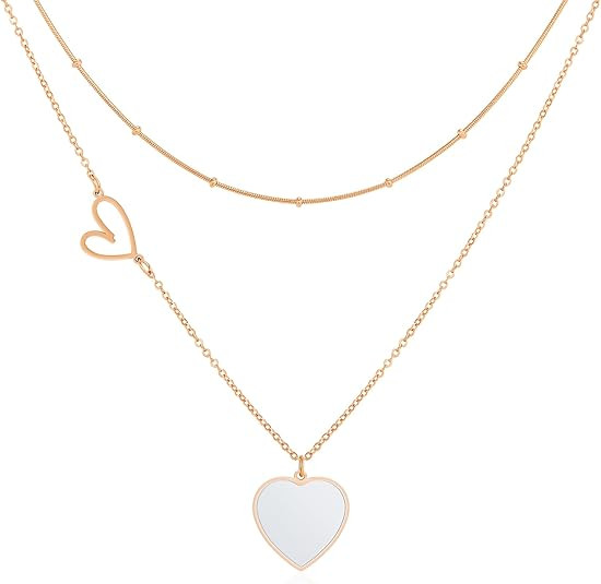 Linawe Layered Choker Heart Pendant Necklace for Women Trendy, Gold/Silver/Rose Gold Chain Stainl... | Amazon (US)