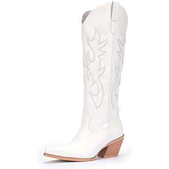 Rollda Cowboy Boots for Women Embroidered Cowgirl Boots Knee-High Western Boots with Chunky Heel | Amazon (US)