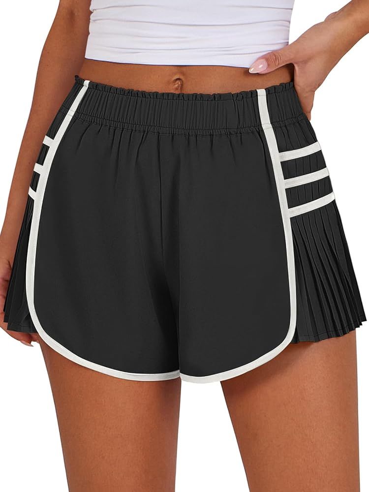Caracilia Women's Running Shorts High Waisted Quick Dry Athletic Workout Flowy Pleated Contrast C... | Amazon (US)