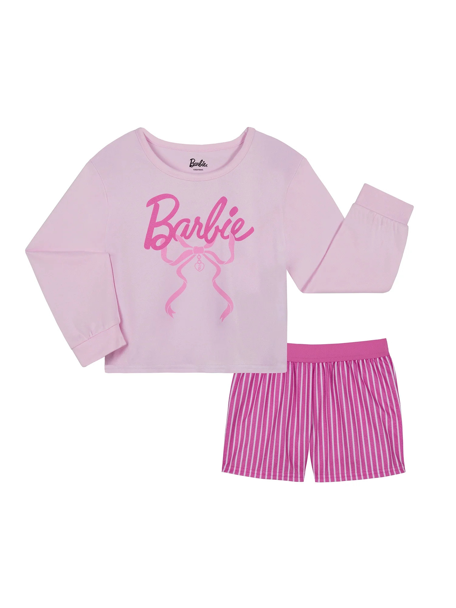 Barbie Girls Long Sleeve Sleep Top and Shorts Pajama Set, 2-Piece, Sizes 4-12 | Walmart (US)