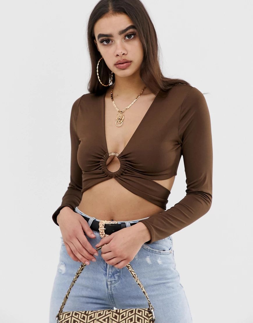 ASOS DESIGN long sleeve crop top with ring detail and tie back-Brown | ASOS (Global)