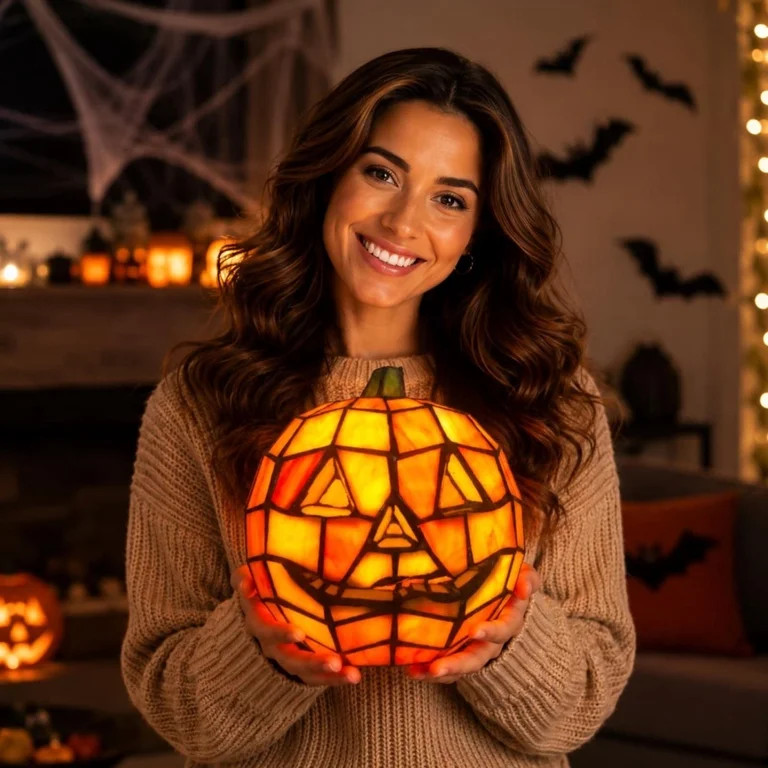 Halloween Decorations Indoor Stained Glass Pumpkin Lamp, Whimsical Fall Decor LED Night Light, Pu... | Walmart (US)