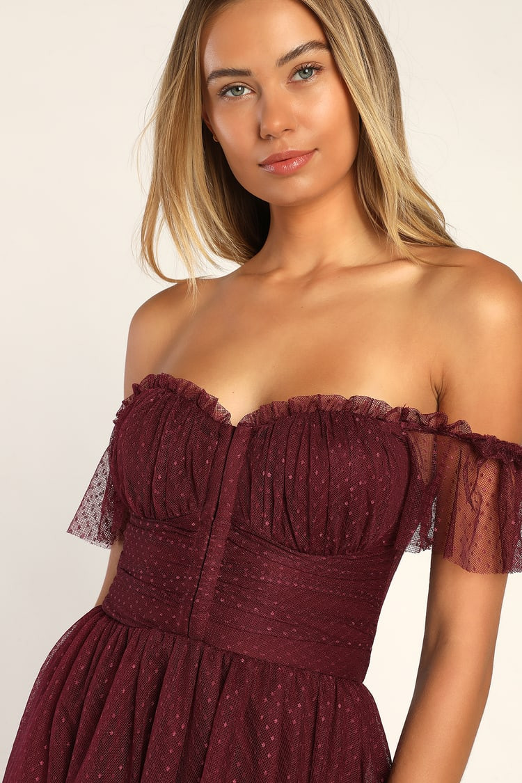Regal Radiance Burgundy Tulle Bustier Midi Dress | Lulus